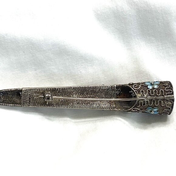 Antique Chinese Brooch Finger Nail Guard Pin Turquoise Coral Silver Mesh Asian - Picture 6 of 13